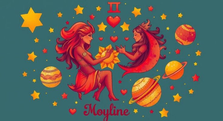 Astrological theme with zodiac signs and celestial elements in warm colors representing love horoscopes.