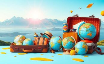 A vibrant scene depicting adventure and exploration inspired by creativity, featuring open suitcases and globes.