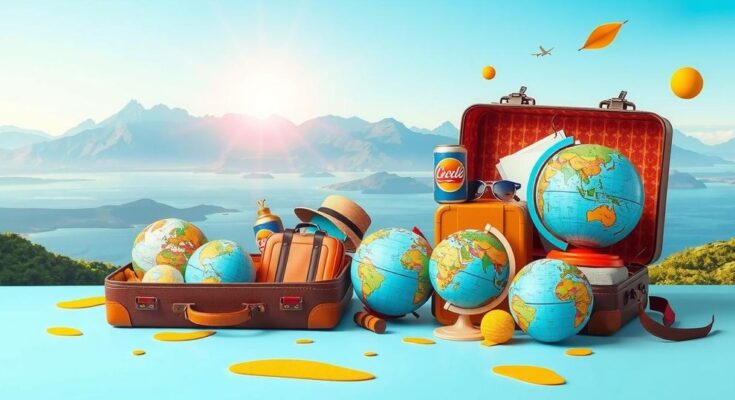 A vibrant scene depicting adventure and exploration inspired by creativity, featuring open suitcases and globes.