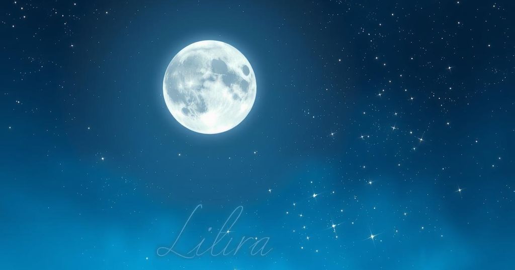 Libra moon illuminating night sky, symbolizing relationships and personal truth, with dreamy blue and silver hues.