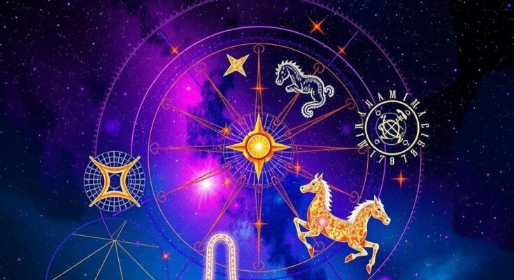Colorful astrological symbols with zodiac constellations against a starry night background, evoking cosmic energy.