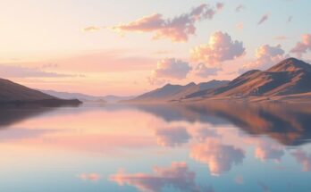 A serene landscape with a calm lake reflecting soft pastel colors.