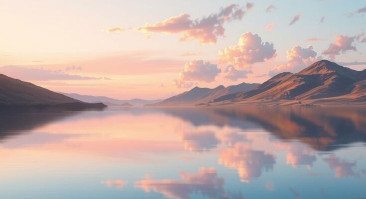 A serene landscape with a calm lake reflecting soft pastel colors.
