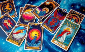 A colorful tarot card spread on a celestial background representing astrology and spirituality.