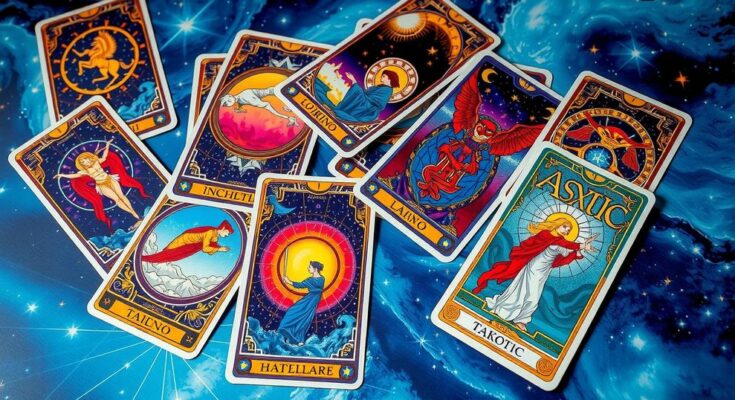 A colorful tarot card spread on a celestial background representing astrology and spirituality.