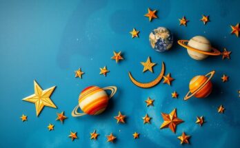 Astrology symbols and celestial theme with soothing blue and gold tones, reflecting cosmic energy for horoscopes.