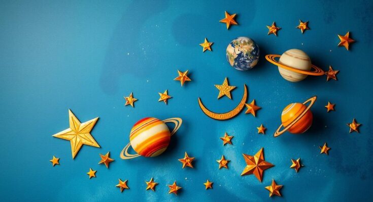 Astrology symbols and celestial theme with soothing blue and gold tones, reflecting cosmic energy for horoscopes.