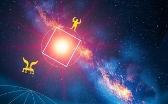 Celestial scene with the Sun and Uranus alignment, depicting cosmic energy and zodiac symbols against a starry night sky.
