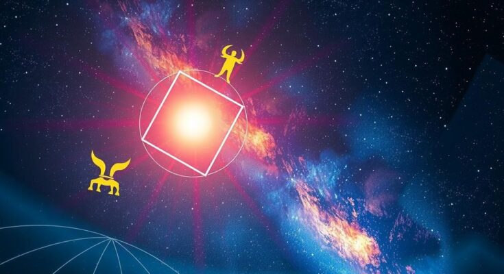 Celestial scene with the Sun and Uranus alignment, depicting cosmic energy and zodiac symbols against a starry night sky.