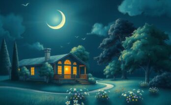 A serene landscape with a crescent moon illuminating a quiet home environment among trees and flowers, showcasing tranquility.