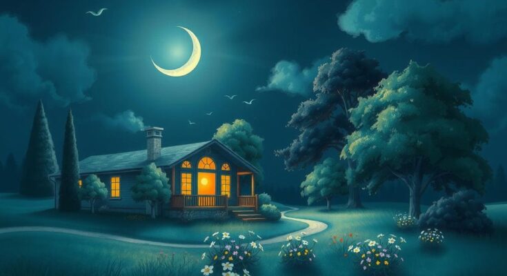 A serene landscape with a crescent moon illuminating a quiet home environment among trees and flowers, showcasing tranquility.