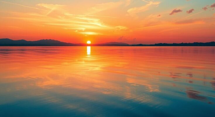 A serene landscape of a radiant sunset over a tranquil lake, symbolizing growth and self-empowerment.