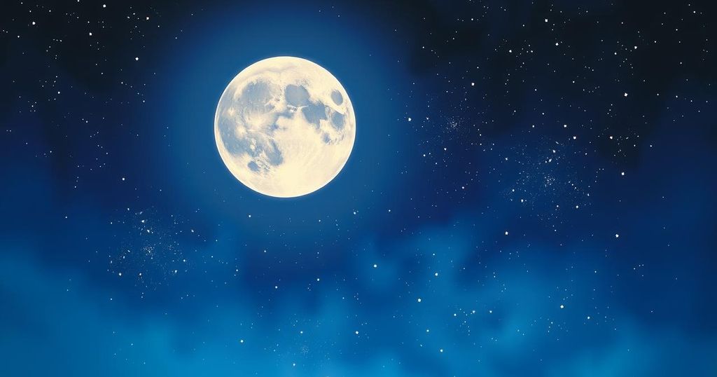 A mystical celestial scene with a radiant moon surrounded by starry skies reflecting emotions and energies.