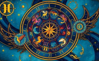 A colorful astrological wheel depicting zodiac signs with artistic elements and vibrant patterns.