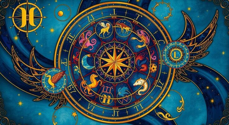 A colorful astrological wheel depicting zodiac signs with artistic elements and vibrant patterns.