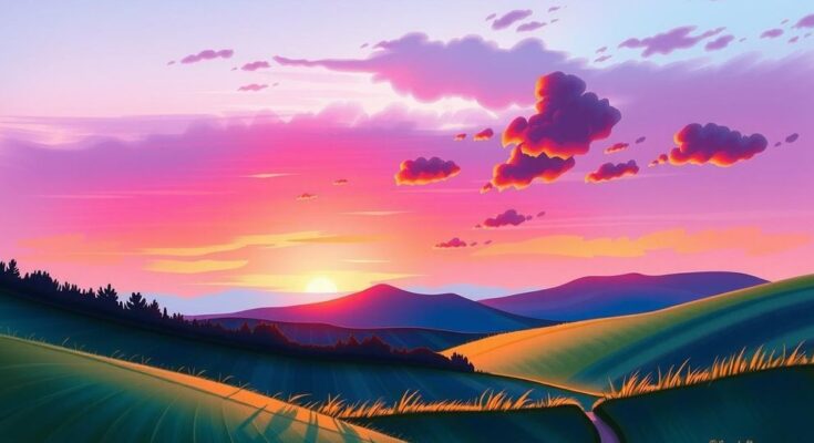 A serene landscape with purple tones reflecting harmony and positivity, symbolizing supportive relationships and personal growth.