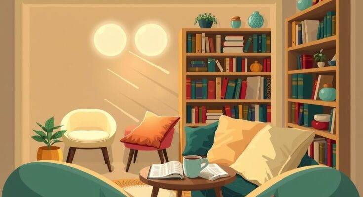 A serene evening scene featuring a cozy reading nook, soft lighting, and relaxing decor for leisurely activities.