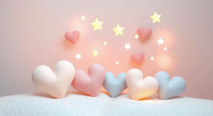 A serene scene with hearts and stars representing love and friendship in soft pastel colors.