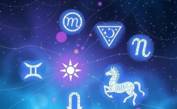Astrology symbols, stars, and zodiac signs in a cosmic scene with soothing blues and purples.