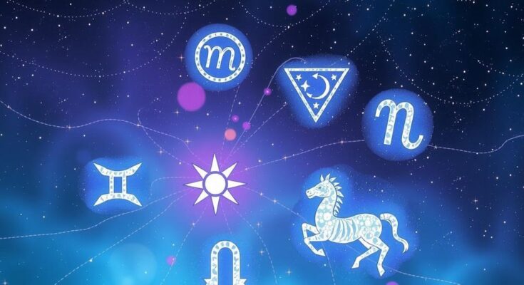 Astrology symbols, stars, and zodiac signs in a cosmic scene with soothing blues and purples.