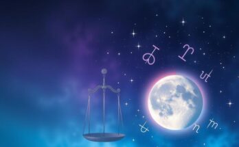 A celestial-themed image featuring a waxing gibbous moon with astrological symbols and Libra motifs in harmonious colors.