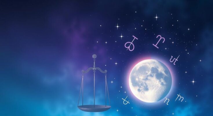 A celestial-themed image featuring a waxing gibbous moon with astrological symbols and Libra motifs in harmonious colors.