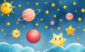A cosmic scene showing playful celestial bodies symbolizing creativity and connections among friends.