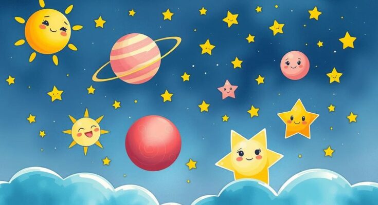 A cosmic scene showing playful celestial bodies symbolizing creativity and connections among friends.