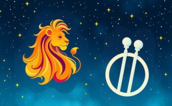 A vibrant illustration of zodiac signs against a starry background, highlighting Leo and Gemini in a celestial theme.