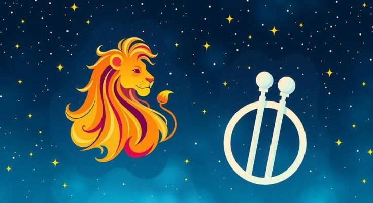A vibrant illustration of zodiac signs against a starry background, highlighting Leo and Gemini in a celestial theme.