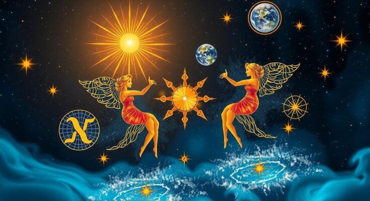 Astrological symbols with a golden sun and twinkling stars against a cosmic blue backdrop.