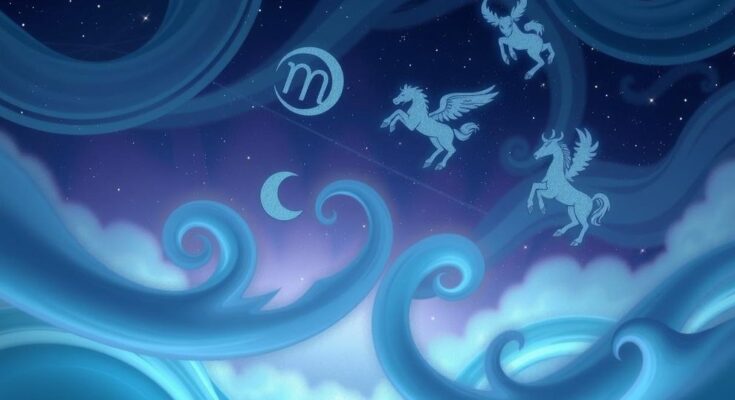 An artistic representation of zodiac symbols in harmony, with a soothing color palette of blues and purples.