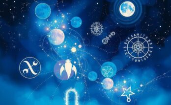 Astrological symbols under a night sky, featuring a luminous new moon, vibrant constellations, and twinkling stars.