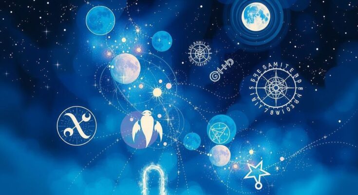 Astrological symbols under a night sky, featuring a luminous new moon, vibrant constellations, and twinkling stars.
