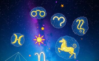 Astrological symbols with vibrant cosmic colors illustrating zodiac energy shifts and a starry background.