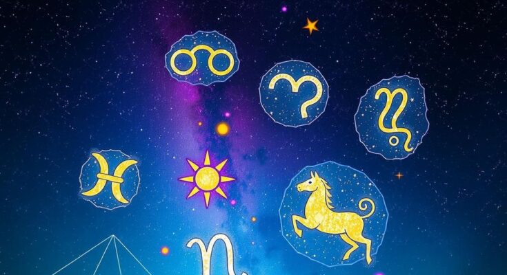 Astrological symbols with vibrant cosmic colors illustrating zodiac energy shifts and a starry background.