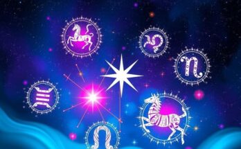 Celestial scene depicting zodiac signs with bright stars, astrological symbols, and a vibrant cosmic color scheme.