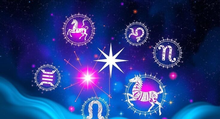 Celestial scene depicting zodiac signs with bright stars, astrological symbols, and a vibrant cosmic color scheme.