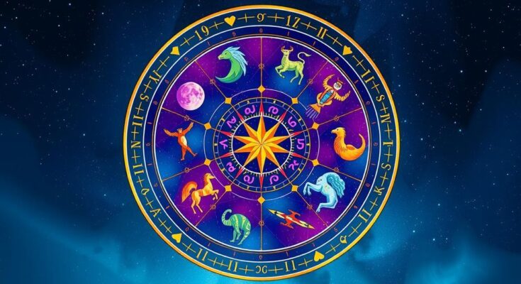 A colorful zodiac wheel featuring symbols for all twelve signs against a starry night backdrop.