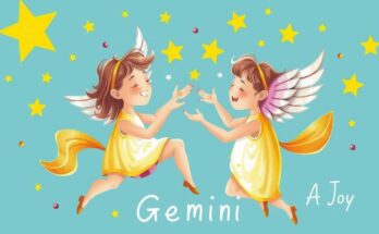 A whimsical zodiac-themed illustration depicting Gemini symbolism with celestial motifs and vibrant colors.