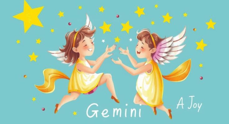 A whimsical zodiac-themed illustration depicting Gemini symbolism with celestial motifs and vibrant colors.