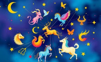 Colorful zodiac signs with celestial elements, depicting astrology and communication themes, in a vibrant artistic style.