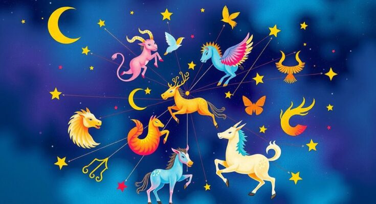 Colorful zodiac signs with celestial elements, depicting astrology and communication themes, in a vibrant artistic style.