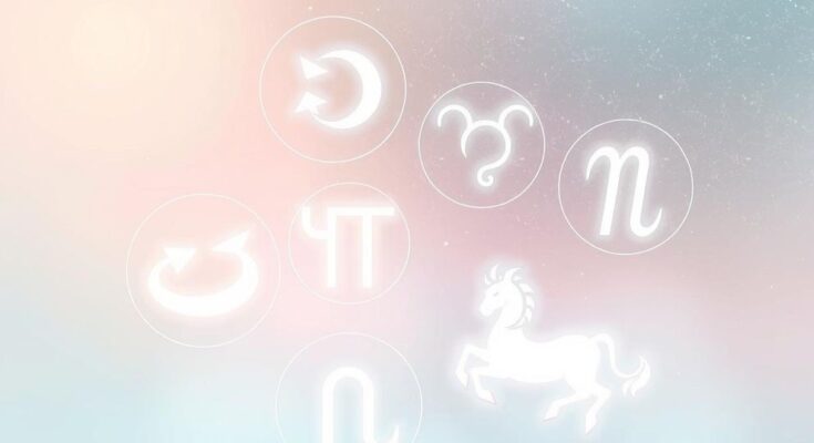 A celestial theme depicting zodiac signs with harmonious colors representing peace and introspection.