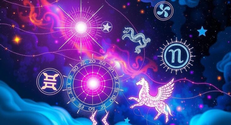 Astrology symbols and celestial elements against a cosmic background reflecting zodiac energy shifts.