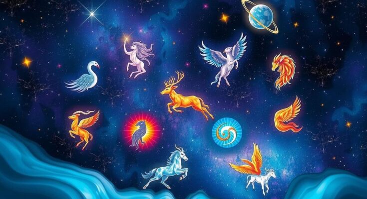 Astrology symbols with zodiac signs emanating powerful energy, set against a mystical night sky