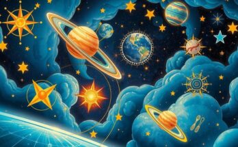 A cosmic background showcasing astrological symbols and celestial objects in a vibrant blue and gold color scheme.