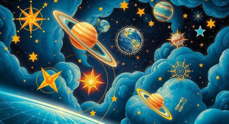 A cosmic background showcasing astrological symbols and celestial objects in a vibrant blue and gold color scheme.