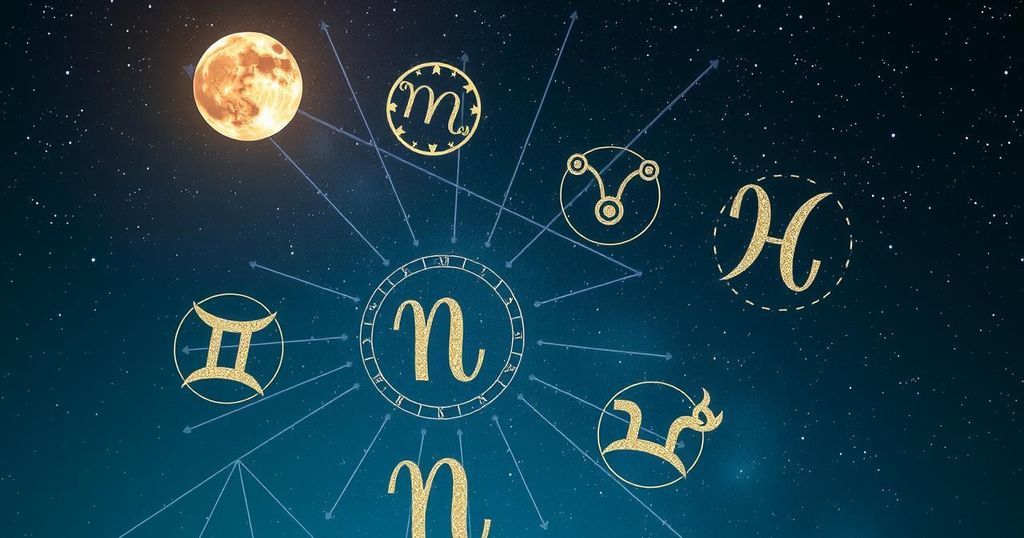 A vibrant astrological theme with constellations, a glowing moon, and colorful zodiac symbols.