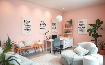 A serene space with motivational elements, featuring light pink hues and inspirational quotes for positivity.